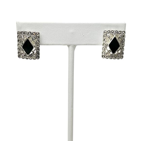 Earrings Silver Tone Filigree Faux Marcasite Black Stone Pierced Art Deco Style - Picture 4 of 8